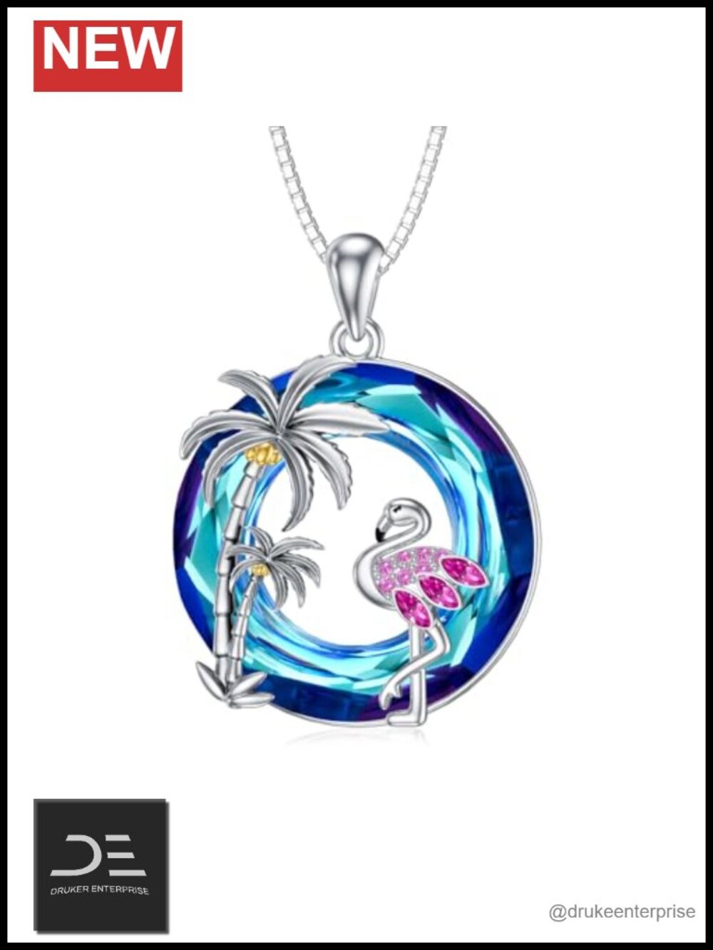 925 Sterling Silver Flamingo Pendant Necklace Palm Tree Crystal Jewelry